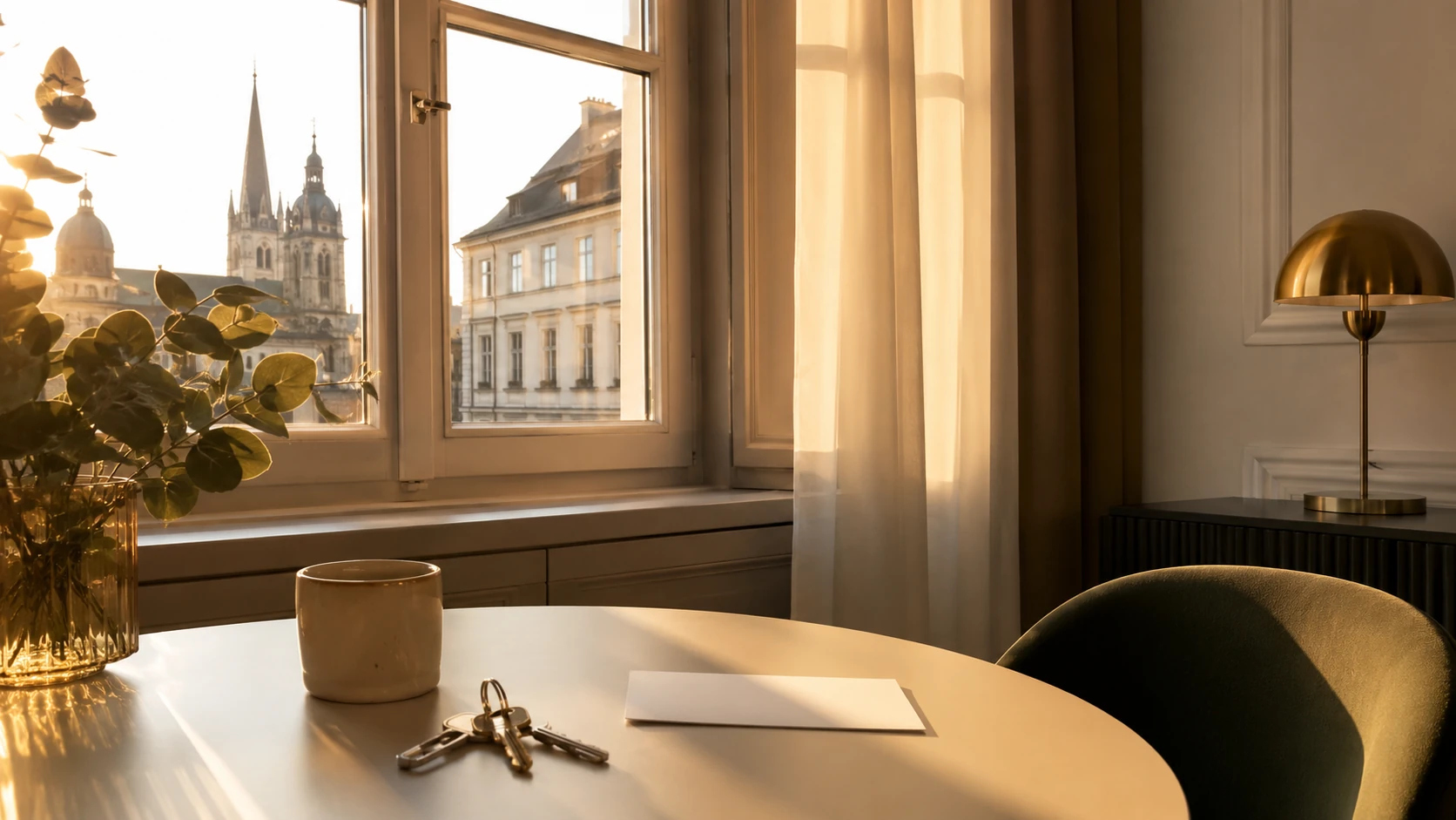 Desk beside a window overlooking historic European architecture