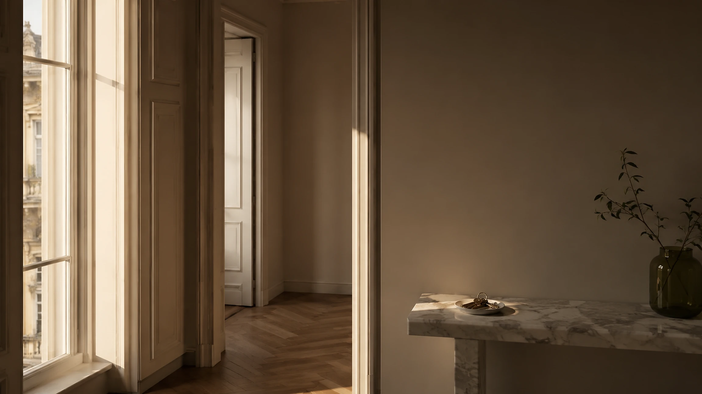 Refined European apartment interior illuminated by late-afternoon light