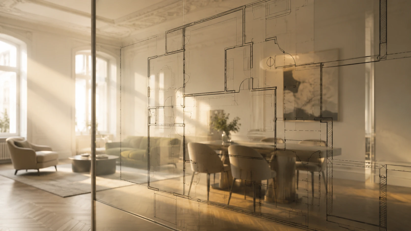 Apartment interior layered with an architectural floor plan